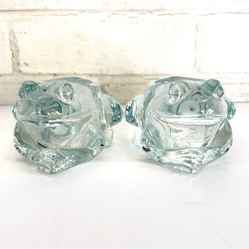Vintage Indiana Glass Frog Clear Glass Votive Candle Holder Made USA Pair